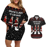 Skeleton Santa Claus Couples Matching Off Shoulder Short Dress and Hawaiian Shirt Santa Claus Is Coming Cross Street - Wonder Print Shop