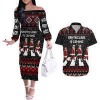 Skeleton Santa Claus Couples Matching Off The Shoulder Long Sleeve Dress and Hawaiian Shirt Santa Claus Is Coming Cross Street - Wonder Print Shop