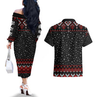 Skeleton Santa Claus Couples Matching Off The Shoulder Long Sleeve Dress and Hawaiian Shirt Santa Claus Is Coming Cross Street - Wonder Print Shop