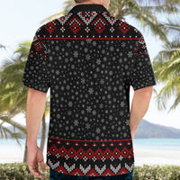 Black Hawaiian shirt back with snowflake pattern and red heart-and-arrow hem band