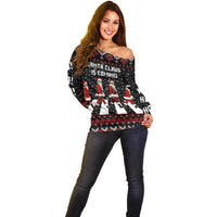 Skeleton Santa Claus Off Shoulder Sweater Santa Claus Is Coming Cross Street - Wonder Print Shop
