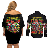 Sugar Skull Santa Couples Matching Off Shoulder Short Dress and Long Sleeve Button Shirt The Good Girl In Me Got Tired So Bitch In Me Came Out - Wonder Print Shop