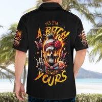 Black Hawaiian shirt, back view with colorful skull graphic and flame-style lettering
