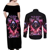 Rose Skull Couples Matching Off Shoulder Maxi Dress and Long Sleeve Button Shirt Next Time My Name Comes Out Of Your Mouth Choke On iT Bitch - Wonder Print Shop