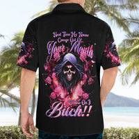 Black short-sleeve button-up Hawaiian shirt with back rose skull print and roses