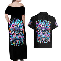 Lady Skull Couples Matching Off Shoulder Maxi Dress and Hawaiian Shirt Zero Fucks Given - Wonder Print Shop