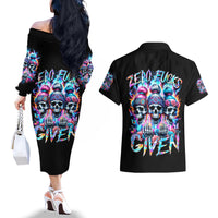 Lady Skull Couples Matching Off The Shoulder Long Sleeve Dress and Hawaiian Shirt Zero Fucks Given - Wonder Print Shop