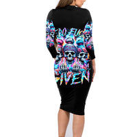 Lady Skull Family Matching Long Sleeve Bodycon Dress and Hawaiian Shirt Zero Fucks Given - Wonder Print Shop