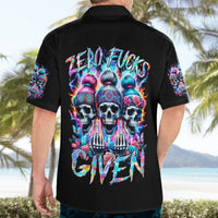 Black short-sleeve button Hawaiian shirt with neon skull and roses graphic on back
