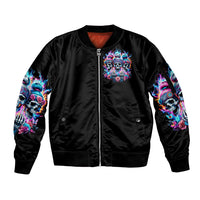Lady Skull Sleeve Zip Bomber Jacket Zero Fucks Given - Wonder Print Shop