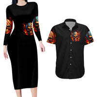 Fire Skull Couples Matching Long Sleeve Bodycon Dress and Hawaiian Shirt My Demon Hide Inside My Head - Wonder Print Shop