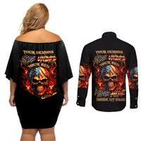 Fire Skull Couples Matching Off Shoulder Short Dress and Long Sleeve Button Shirts My Demon Hide Inside My Head - Wonder Print Shop