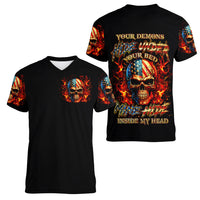 Fire Skull Women V Neck T Shirt My Demon Hide Inside My Head - Wonder Print Shop