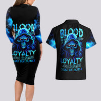 Blue Flame Skull Couples Matching Long Sleeve Bodycon Dress and Hawaiian Shirt Blood Make You Related - Wonder Print Shop