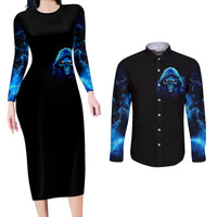 Blue Flame Skull Couples Matching Long Sleeve Bodycon Dress and Long Sleeve Button Shirts Blood Make You Related - Wonder Print Shop