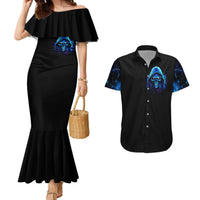 Black ruffle off-shoulder mermaid dress and black short-sleeve button-up with blue skull