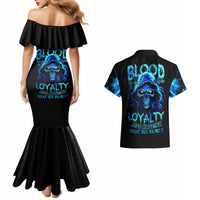 Black off-shoulder mermaid dress and black Hawaiian button-up with blue skull graphic