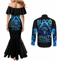 Matching black mermaid dress and long-sleeve button shirt with blue skull graphic