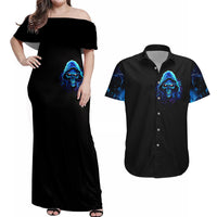Blue Flame Skull Couples Matching Off Shoulder Maxi Dress and Hawaiian Shirt Blood Make You Related - Wonder Print Shop