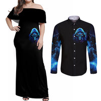 Blue Flame Skull Couples Matching Off Shoulder Maxi Dress and Long Sleeve Button Shirts Blood Make You Related - Wonder Print Shop