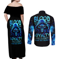 Blue Flame Skull Couples Matching Off Shoulder Maxi Dress and Long Sleeve Button Shirts Blood Make You Related - Wonder Print Shop
