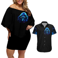 Blue Flame Skull Couples Matching Off Shoulder Short Dress and Hawaiian Shirt Blood Make You Related - Wonder Print Shop