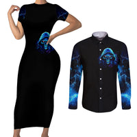 Blue Flame Skull Couples Matching Short Sleeve Bodycon Dress and Long Sleeve Button Shirts Blood Make You Related - Wonder Print Shop