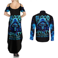 Black maxi dress and long-sleeve button shirt with blue skull flame graphic