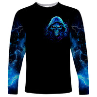 Blue Flame Skull Long Sleeve Shirt Blood Make You Related - Wonder Print Shop