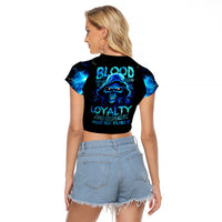 Blue Flame Skull Raglan Cropped T Shirt Blood Make You Related - Wonder Print Shop