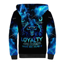 Unisex black sherpa hoodie with blue lightning skull graphic and drawstring hood