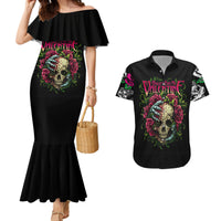 Black mermaid maxi dress with off-shoulder ruffle; matching black Hawaiian shirt, skull print.