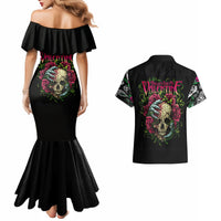 Black off-shoulder mermaid dress with ruffled neckline and skull graphic; matching shirt back.