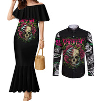 Black off-shoulder mermaid dress and long-sleeve button shirt with skull rose print