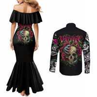 Black mermaid dress and button shirt, back view, skull with roses graphic