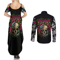 Black maxi dress set with skull graphic and matching long-sleeve button shirt, back view