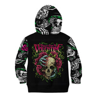 Black pullover hoodie with centered skull-and-rose graphic, dice/skull sleeve print, hood
