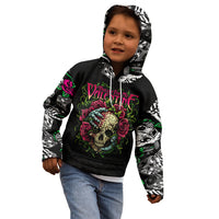 Black hoodie with skull-and-rose graphic and dice/skull sleeves, worn by child