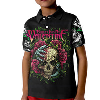 Kids black polo shirt with skull and roses graphic on front, short sleeves