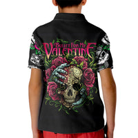 Kids black polo shirt with skull and roses graphic on back, short sleeves
