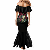 Black off-shoulder mermaid dress with large back skull and rose graphic