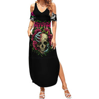 Women’s black V-neck maxi dress with skull-and-rose graphic, off-shoulder sleeves