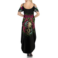 Women’s black maxi dress with open back, skull-and-rose graphic, off-shoulder sleeves