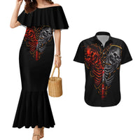 Black mermaid dress with off-shoulder ruffle and skull ribcage print; black Hawaiian shirt