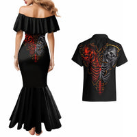 Black mermaid dress backless off-shoulder ruffle with skull ribcage print; black shirt back