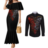Matching mermaid dress and long-sleeve button shirt set, black with skull skeleton print
