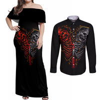 Skull Couples Matching Off Shoulder Maxi Dress and Long Sleeve Button Shirts Devil And Angel Twin Skull - Wonder Print Shop