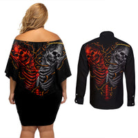 Skull Couples Matching Off Shoulder Short Dress and Long Sleeve Button Shirts Devil And Angel Twin Skull - Wonder Print Shop