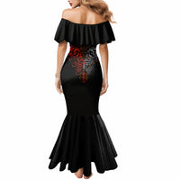 Black off-shoulder mermaid dress with ruffled neckline and skull skeleton print