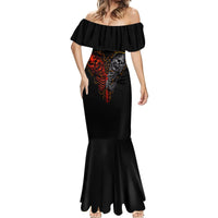 Black mermaid dress with off-shoulder ruffle sleeves and red/gray skull skeleton print